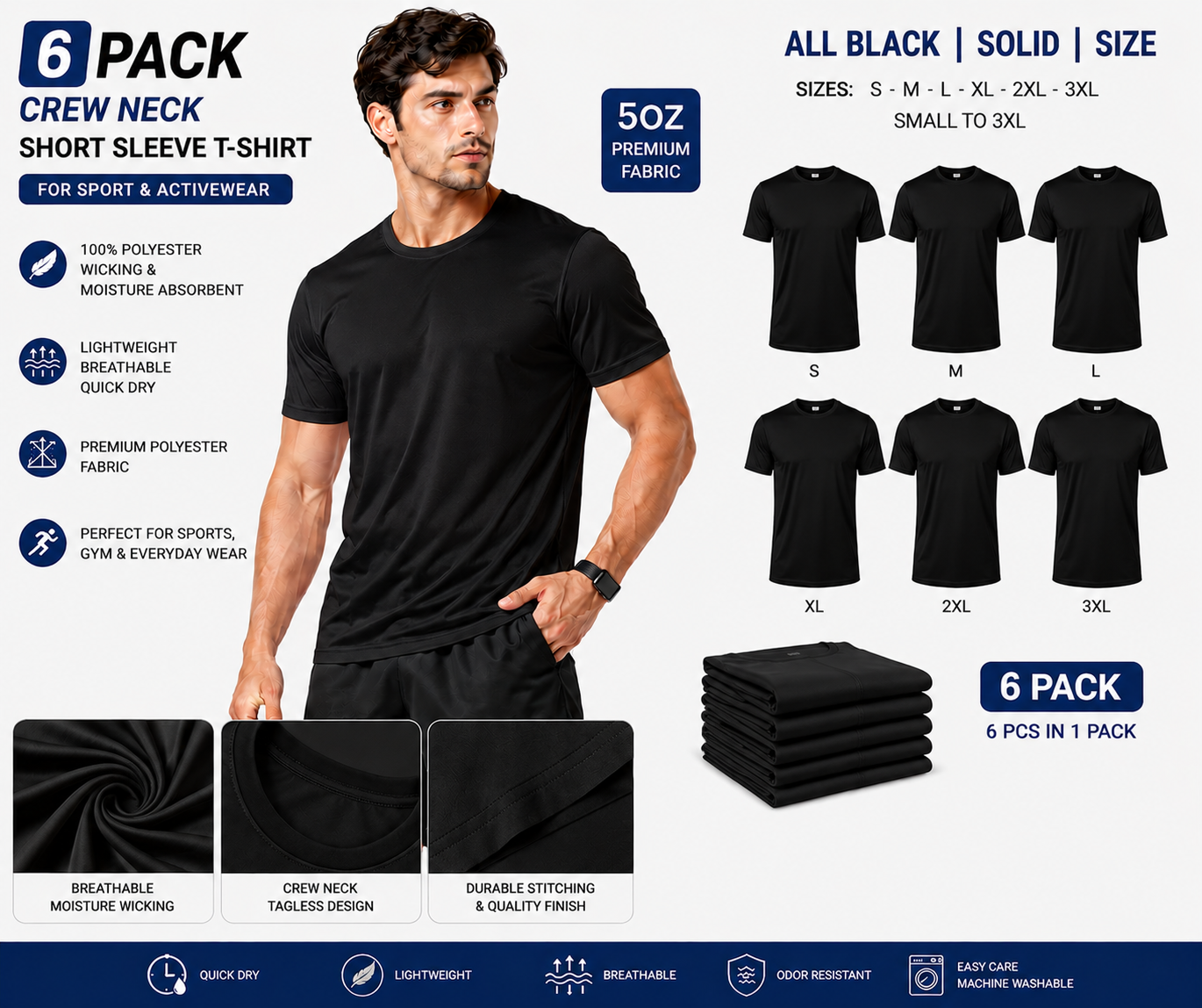 BSI 1005 Premium Performance Quality 100% Polyester Unisex T-Shirt 6PK.