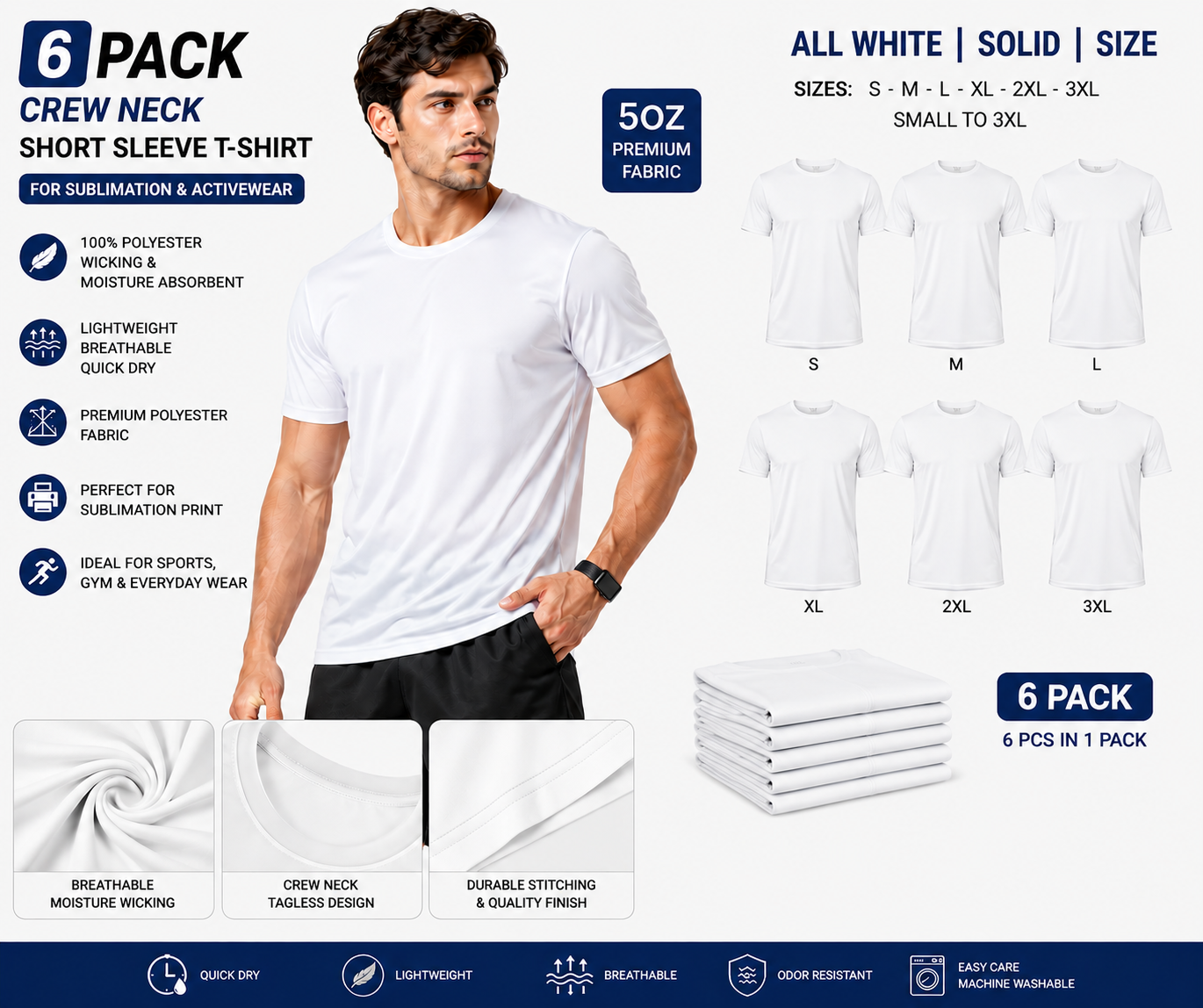 BSI 1005 Premium Performance Quality 100% Polyester Unisex T-Shirt 6PK.